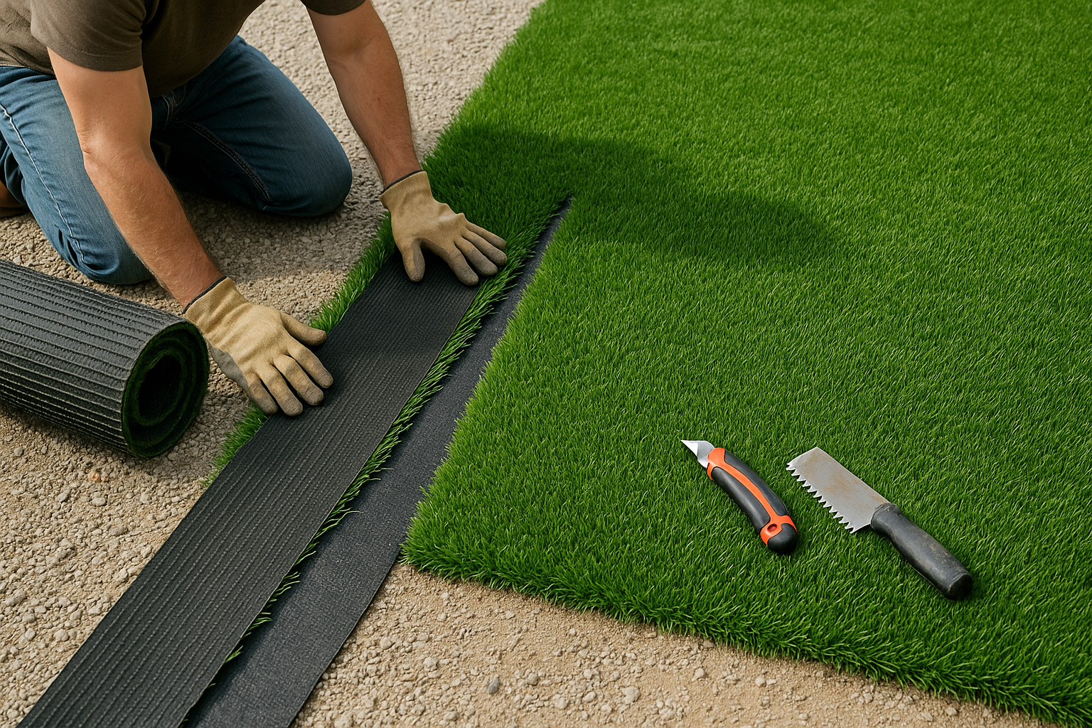 Artificial grass installation in progress