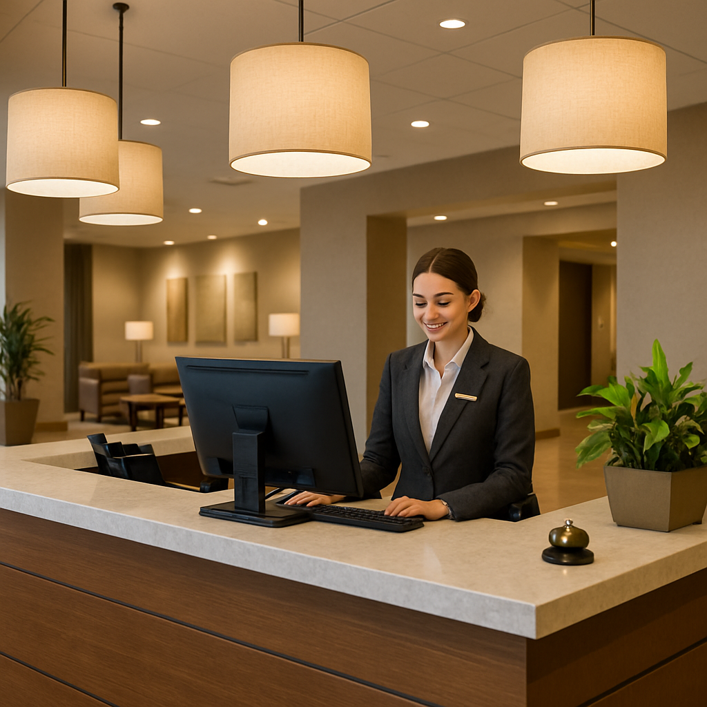hotel lobby with front desk software