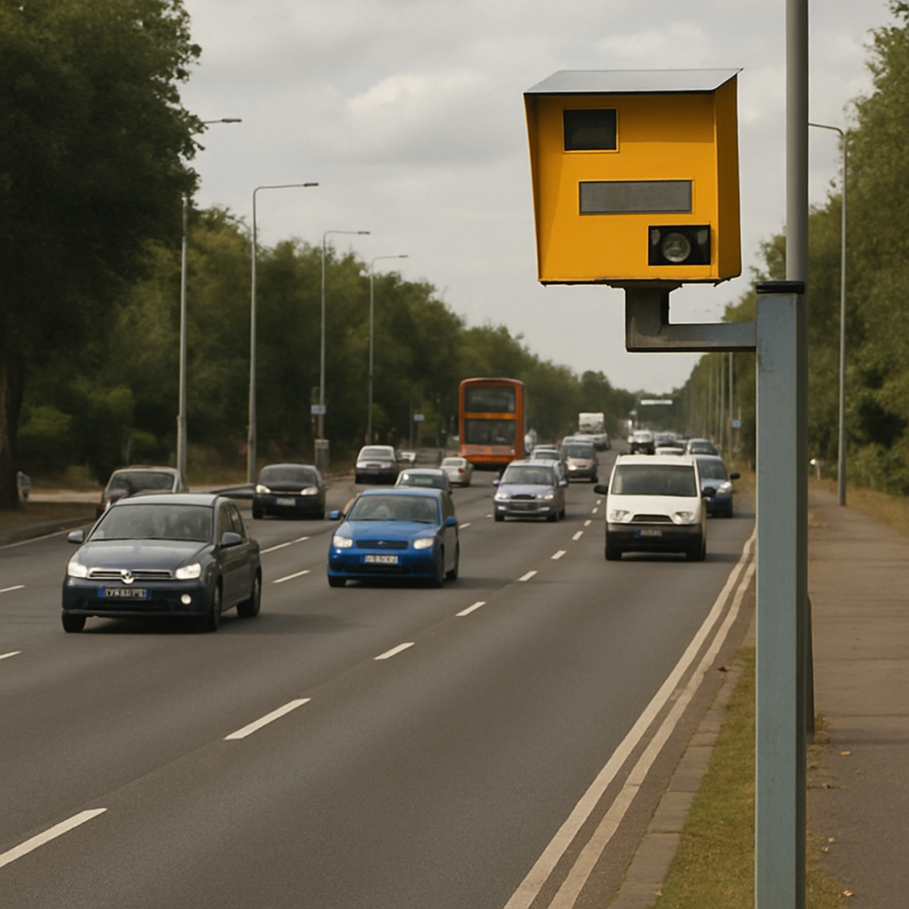 A busy road with a safety camera monitoring traffic
