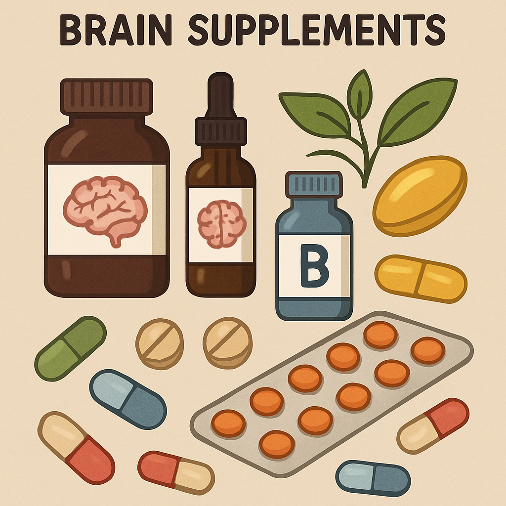 Illustration of a variety of brain supplements used in nootropic stacks