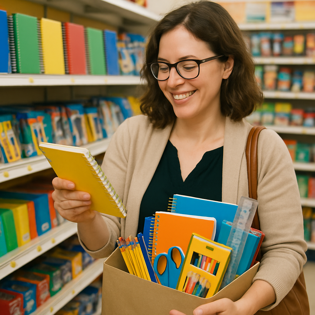 A teacher shopping for school supplies