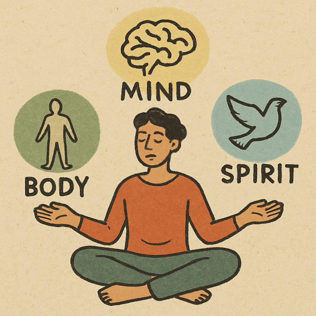 Illustration of a person balancing mind, body, and spirit