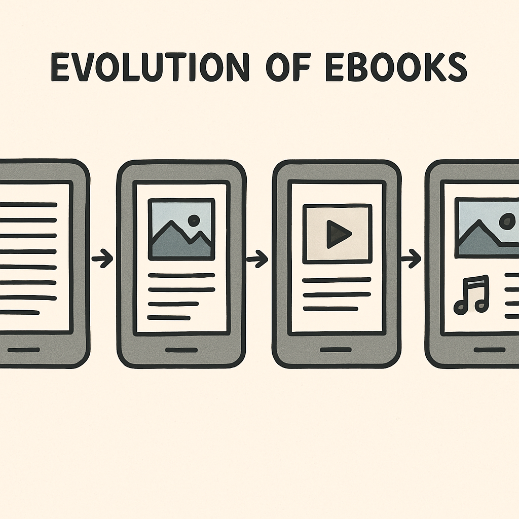 Illustration showing the evolution of ebooks from basic text to multimedia