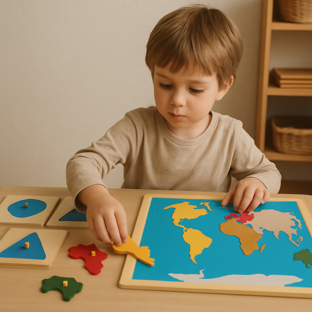 Child exploring geography with Montessori forms