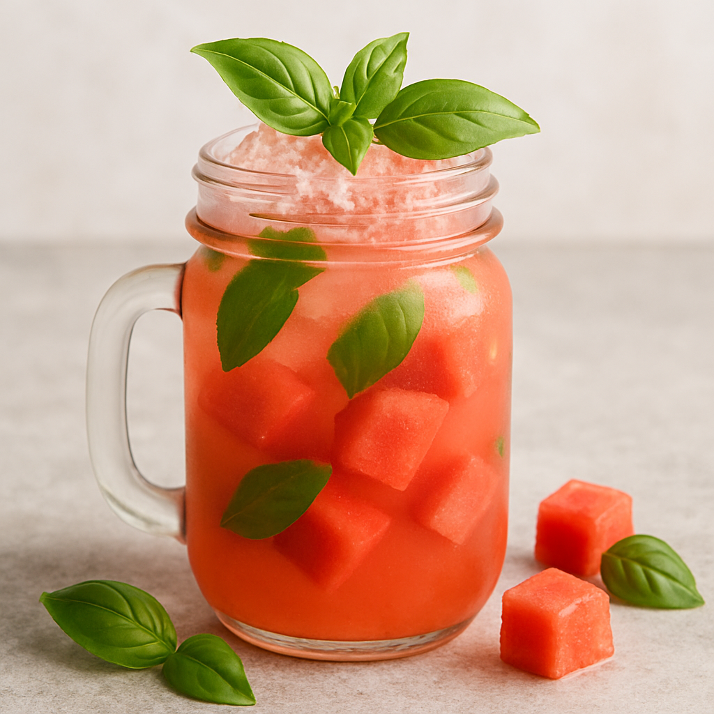 Watermelon Basil Splash served in a mason jar with basil leaves and watermelon cubes