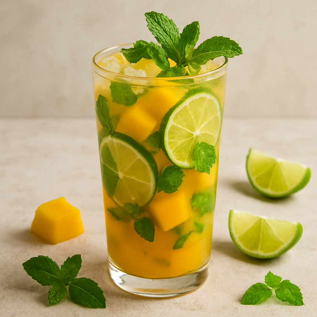 Tropical Mango Mojito served in a tall glass with fresh mint leaves and lime slices