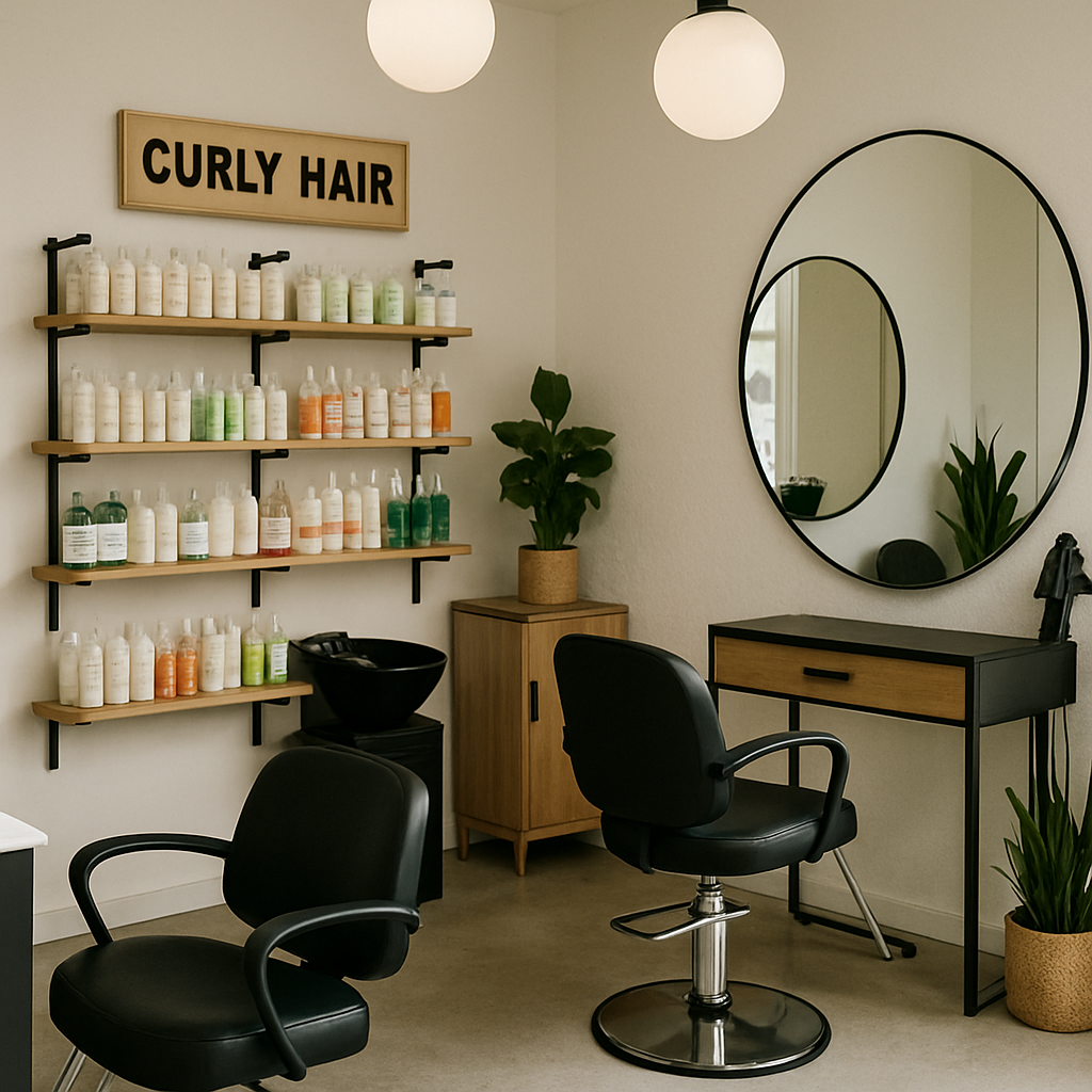 Salon interior with curly hair products