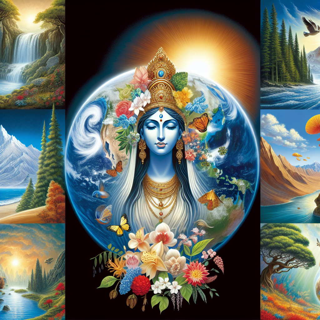 The symbolism of Mother Earth. The face, mostly blue-colored with eyes closed in deep meditation, is on a mostly blue picturistique background.