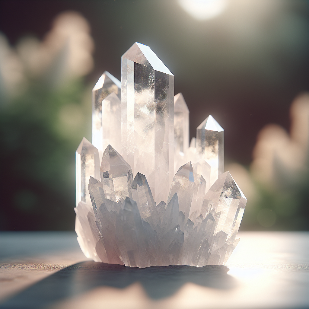 The close up of the Quartz crystal on a table with the faded greenish background.