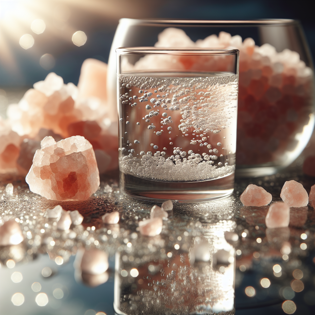 A glass of water with small bubbles. A bowl with pink Epsom salt behind the glass. Epsom salt chunks scattered on a table all around the glass and the bowl, smaller ones in front, bigger ones behind the glass.