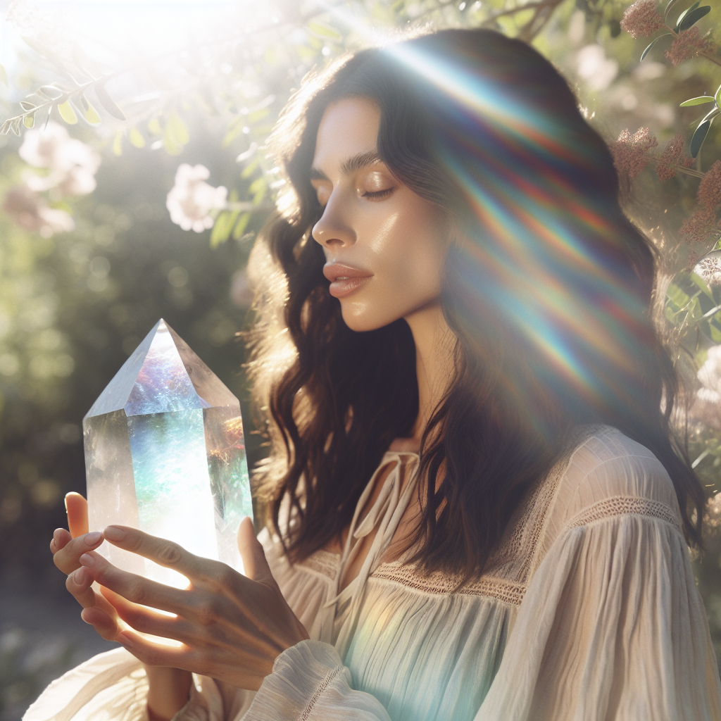 The woman holding a large white pointed crystal with her eyes closed. She is wearing a beige dress. Green background. She is outside.