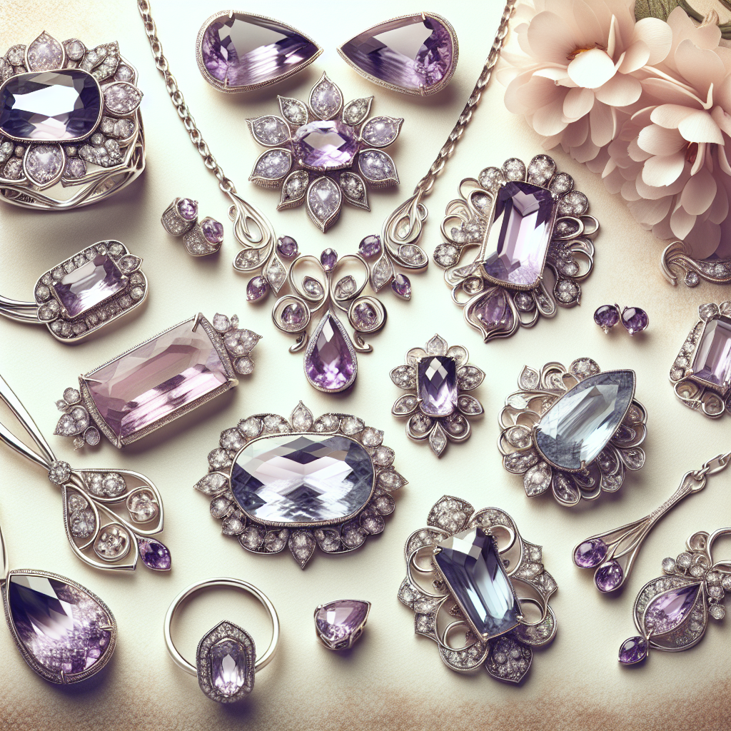 Different types of amethyst jewelry are spread out on beige-white surface. Pink artificial flower in the right top corner.