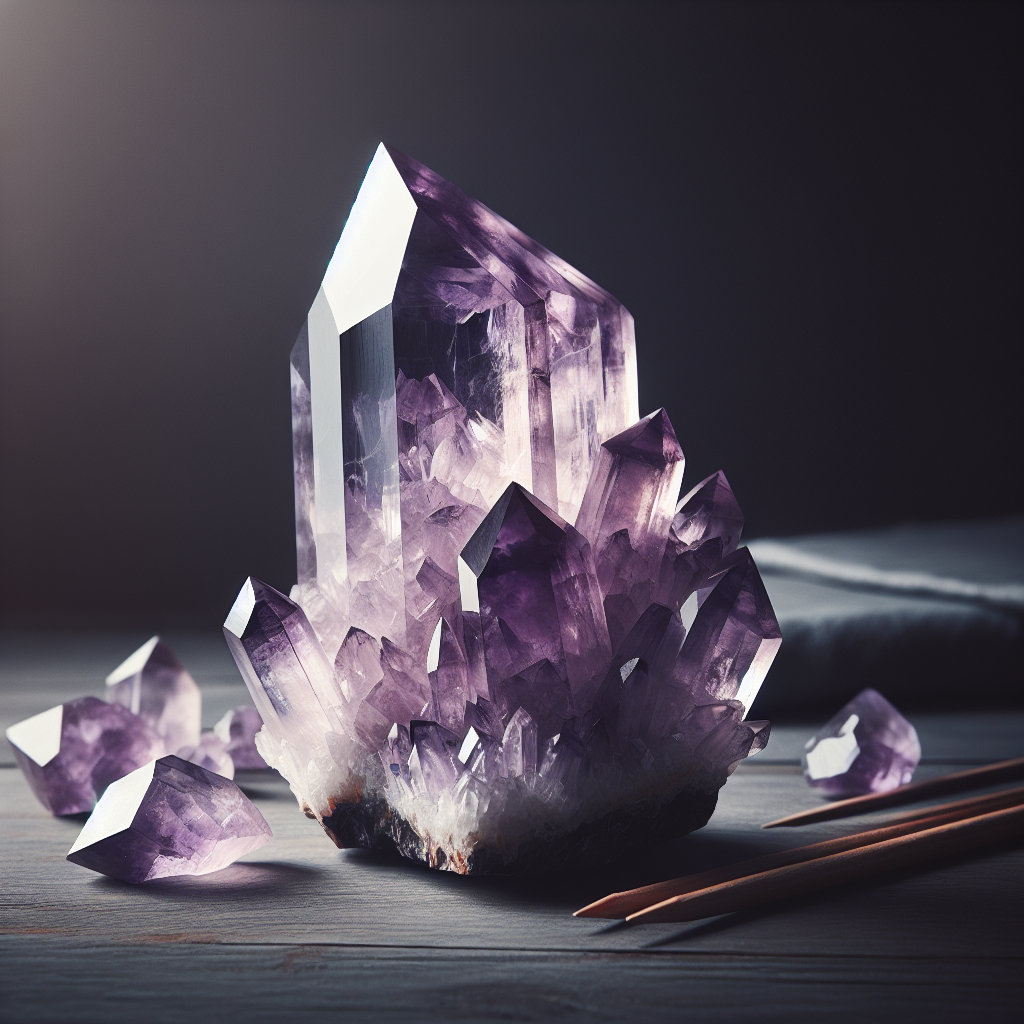 Close up of the amethyst crystal on a dark background. Three pencils lie down to its right.