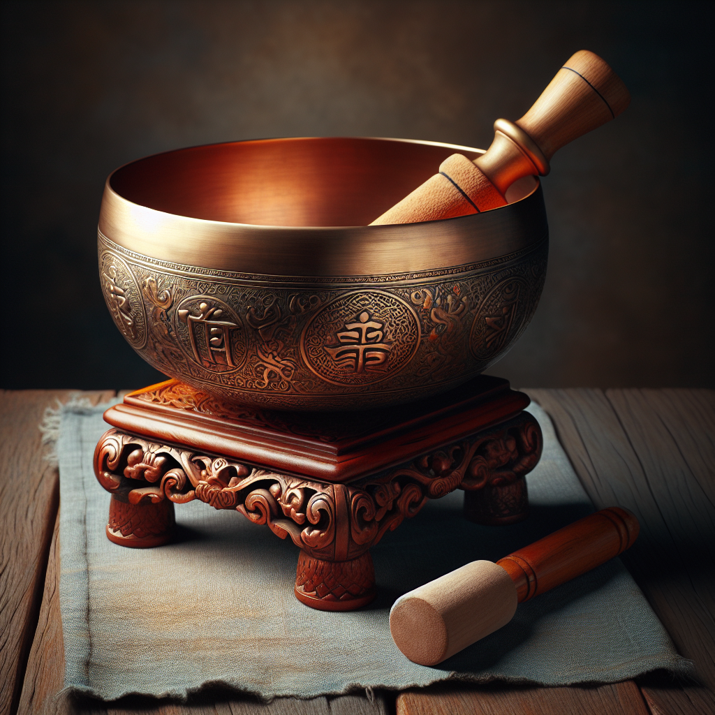 Bronze-colored singing bowl on a small wooden table.  Brown background. The bowl is on the small grey cloth.