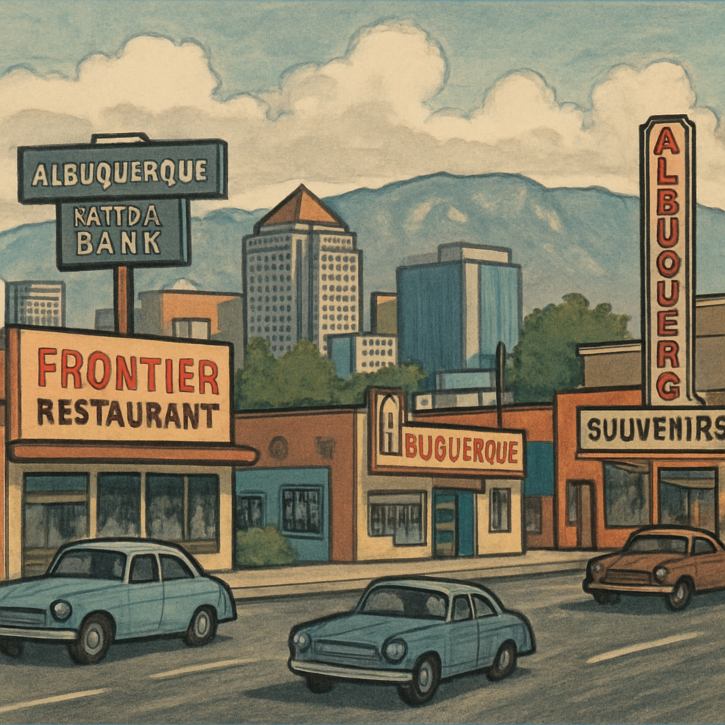 Cityscape of Albuquerque with local businesses