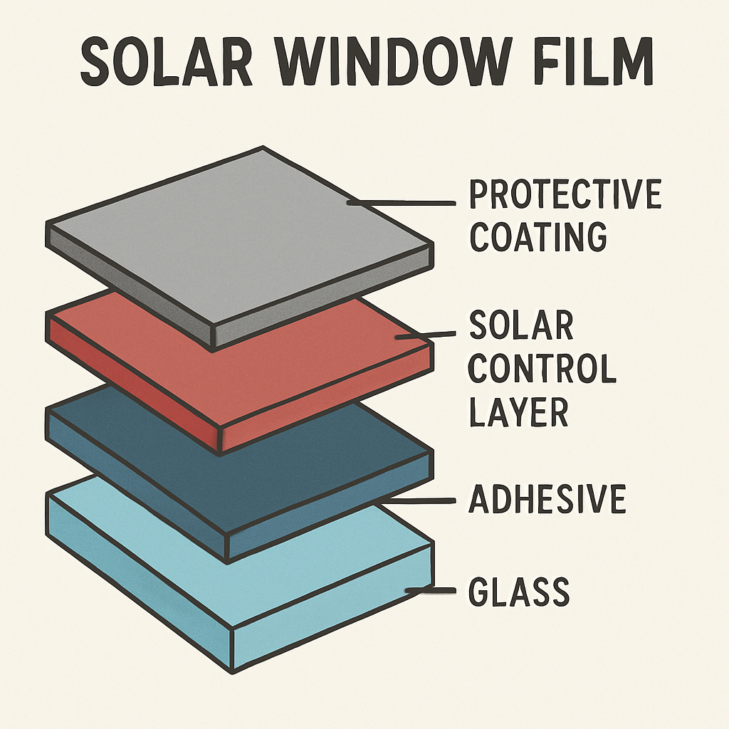 Illustration of a cross-section of solar window film showing layers