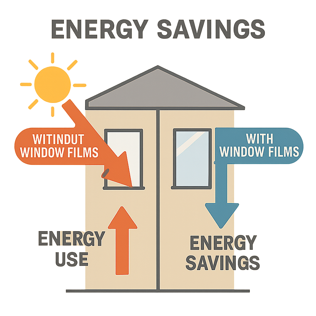 Diagram illustrating the energy savings with and without window films