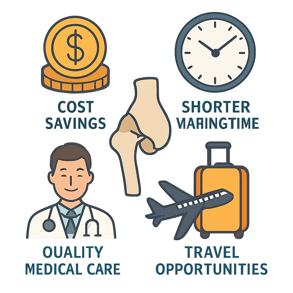 Graphic illustrating benefits of hip surgery abroad