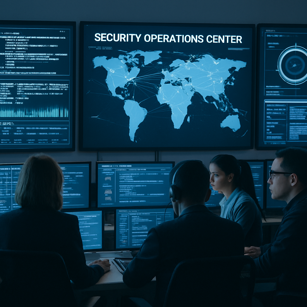 A team working at a Security Operations Center with multiple screens