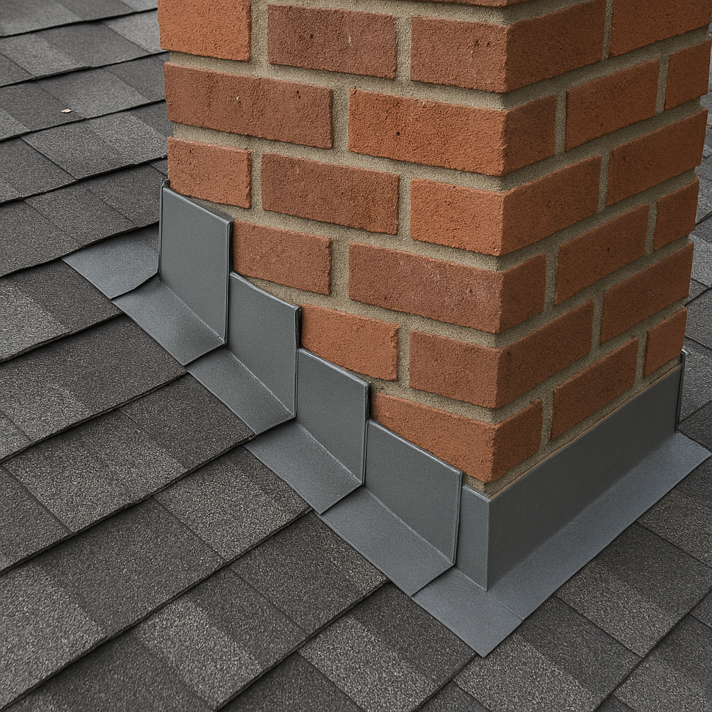 Roof step flashing around chimney