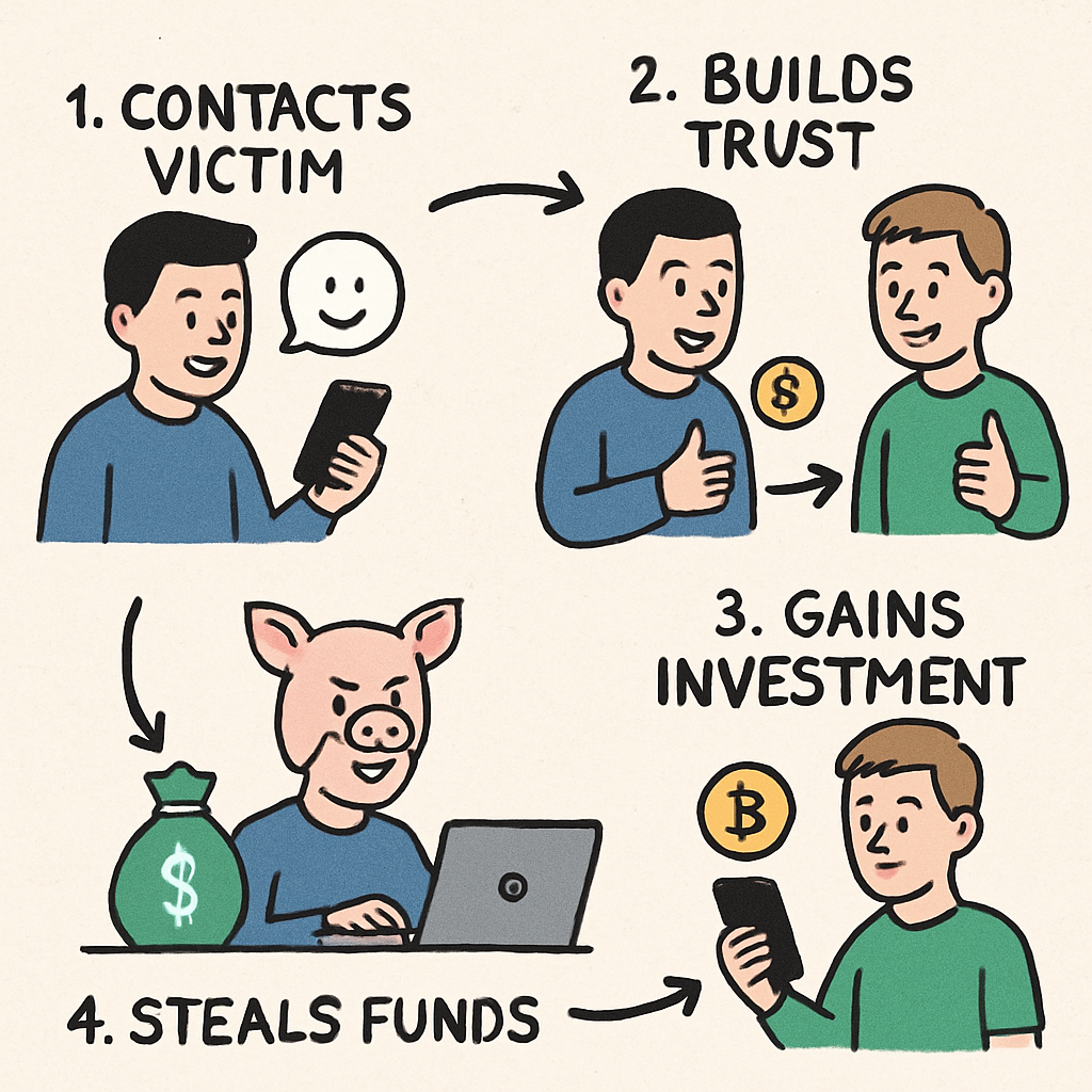 Illustration of Pig Butchering Crypto Scam Process