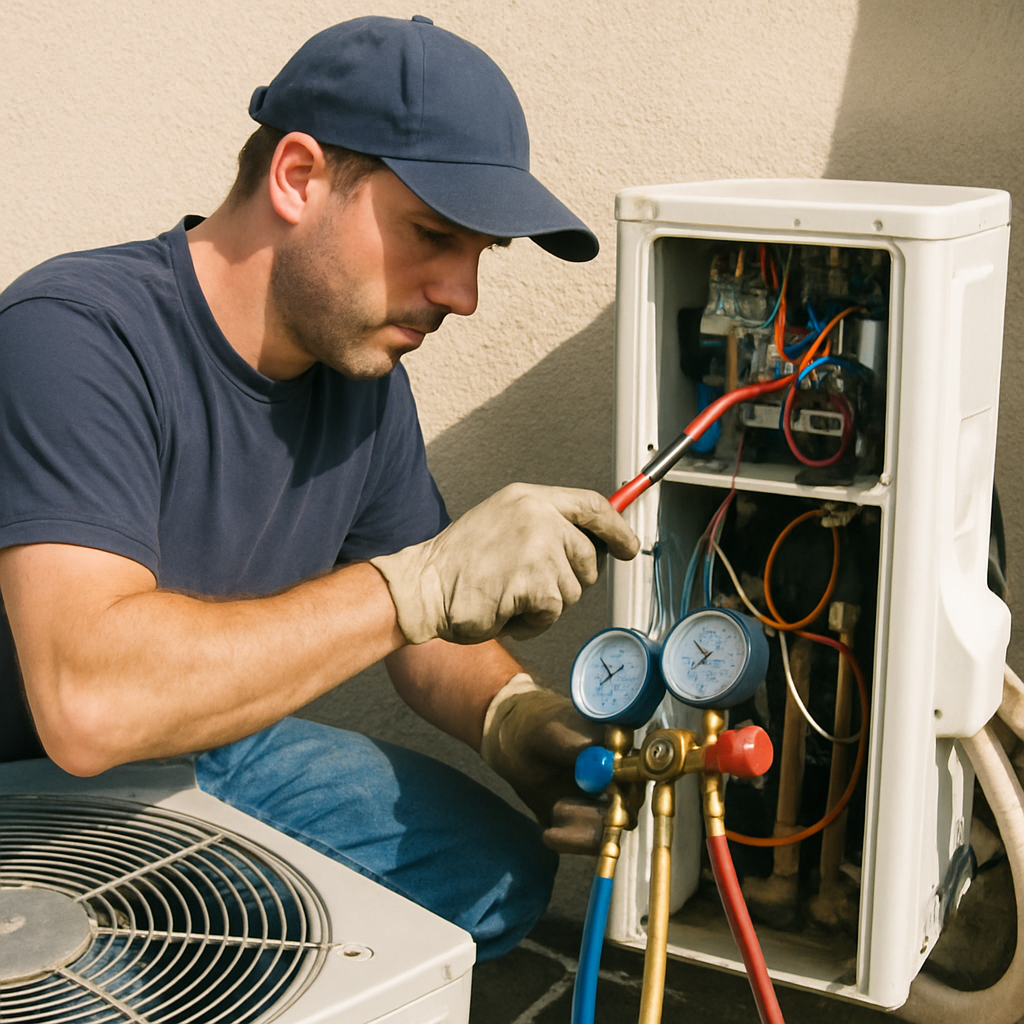 AC technician repairing unit