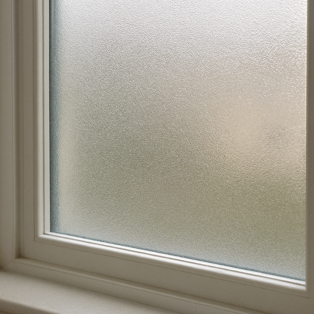 Close-up of frosted window film in a residential setting