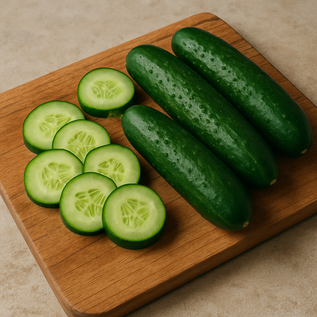 Sliced cucumbers and whole cucumbers on a cutting board