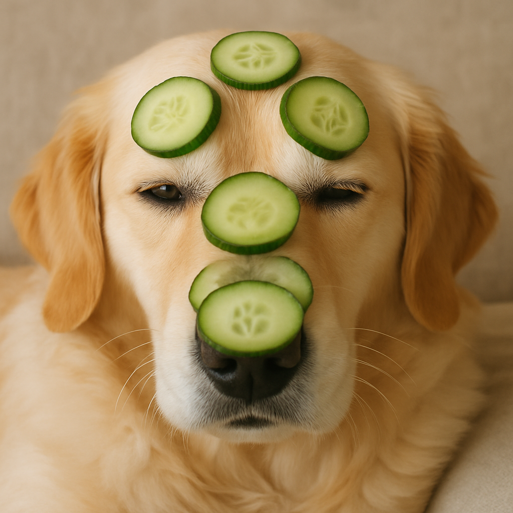 Cute dog with cucumber slices