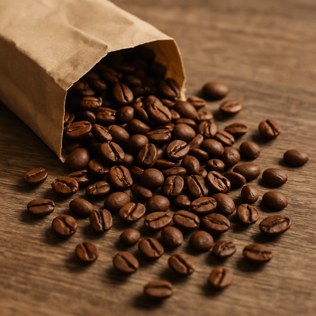 Fresh coffee beans spilling from a bag