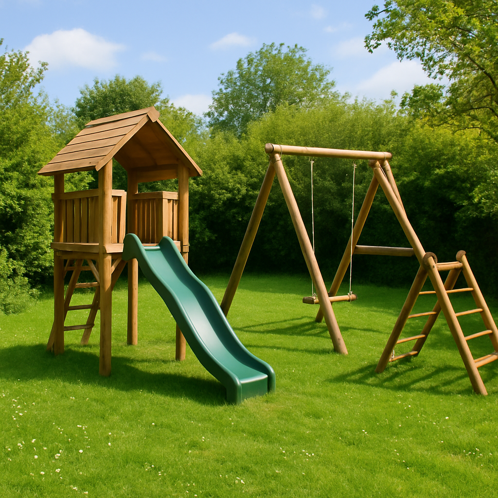 Wooden play structures in a garden