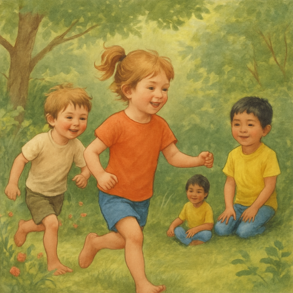 Children playing in a natural garden setting