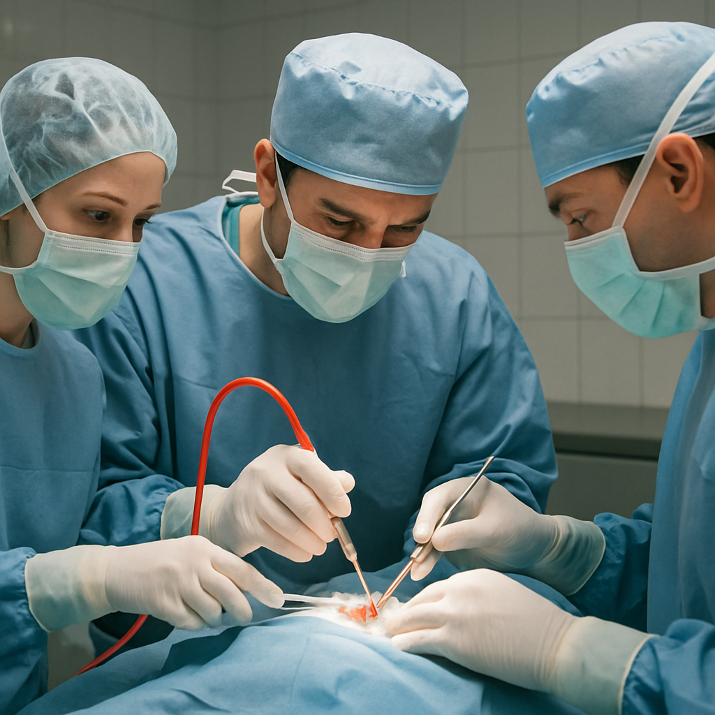 Surgical team using aspirator