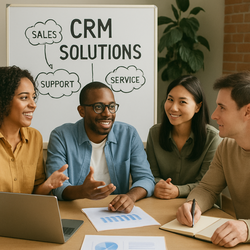 A diverse group of marketing professionals discussing CRM solutions