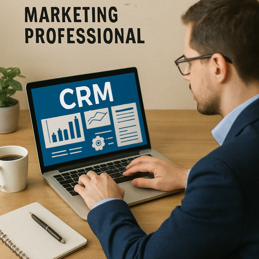 A marketing professional reviewing CRM software on a laptop