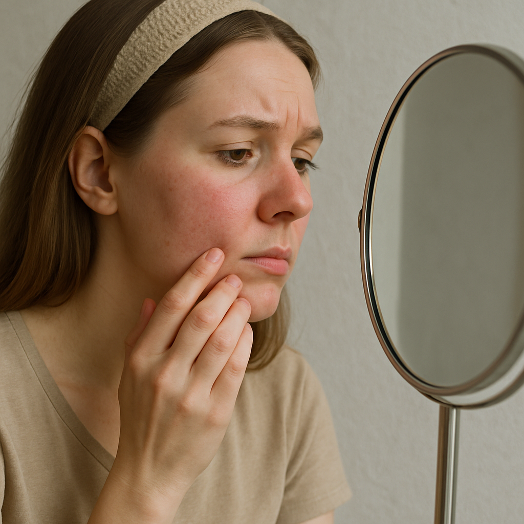 Woman examining her sensitive skin in the mirror