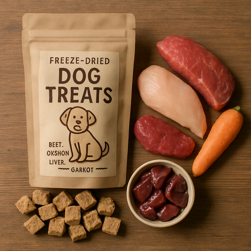 Freeze-dried dog treats with visible raw ingredients