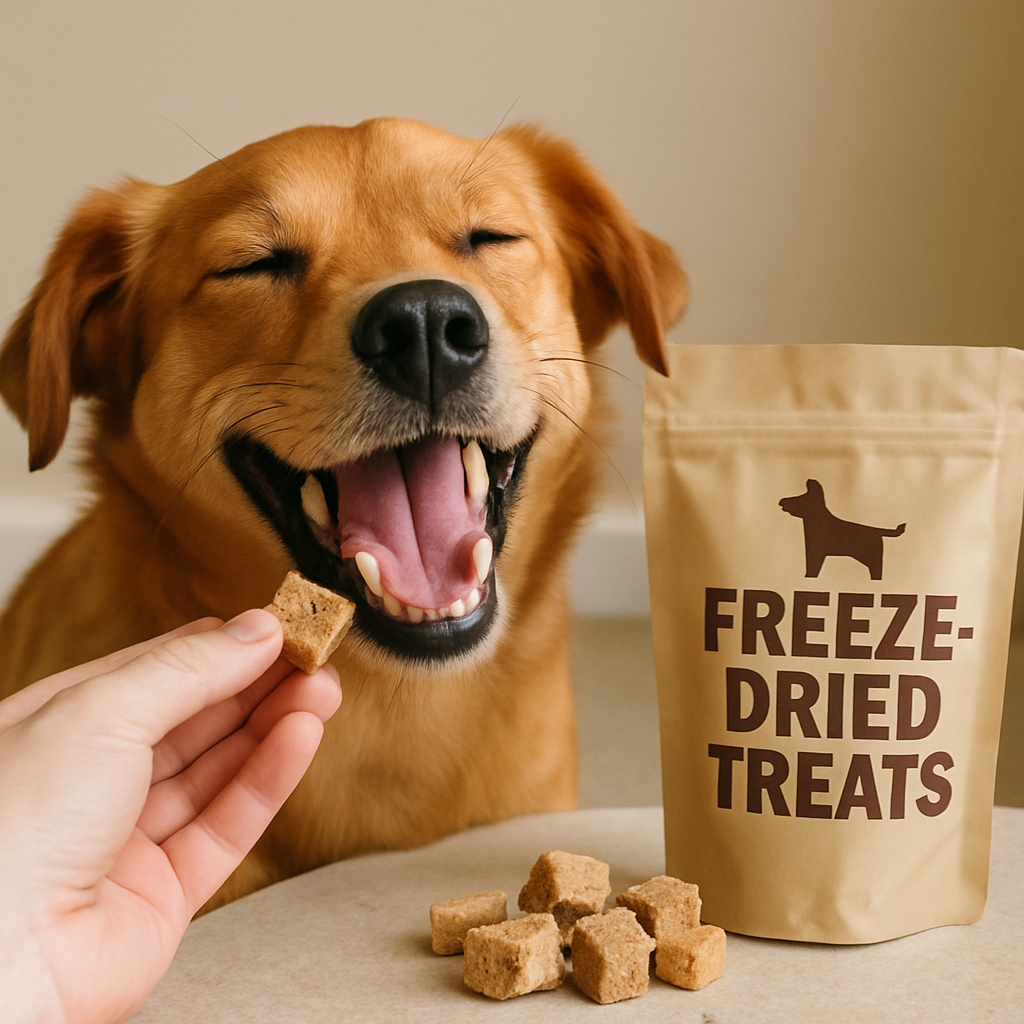 A happy dog enjoying freeze-dried treats
