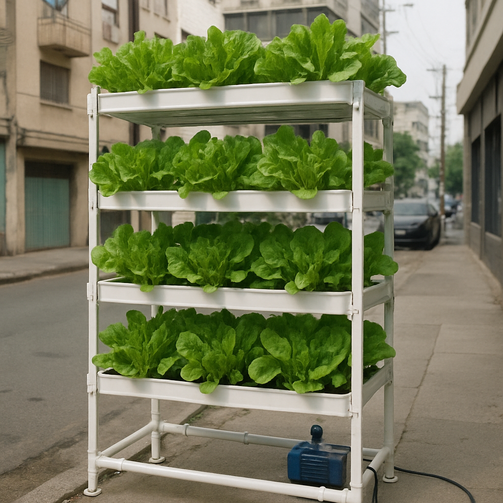 Vertical hydroponic rack system in an urban setting