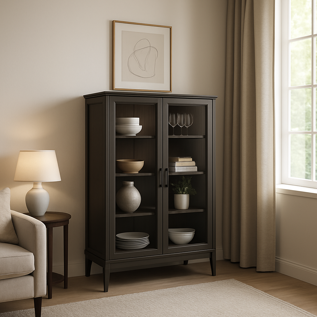Elegant glass door cabinet in a living room
