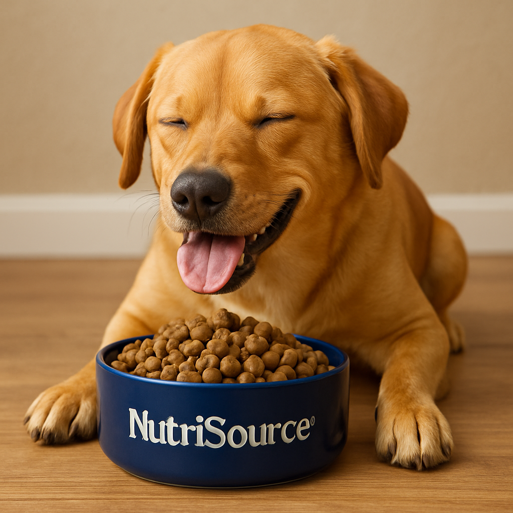 A happy dog enjoying a bowl of NutriSource dog food