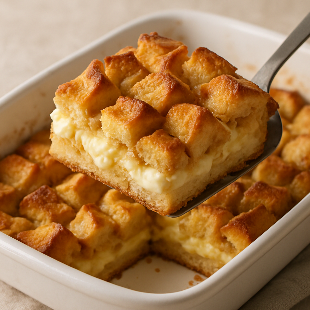 A slice of baked cream cheese French toast casserole being served