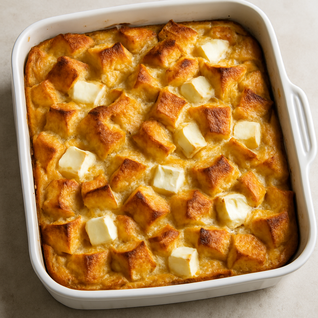 A delicious baked cream cheese French toast casserole fresh out of the oven