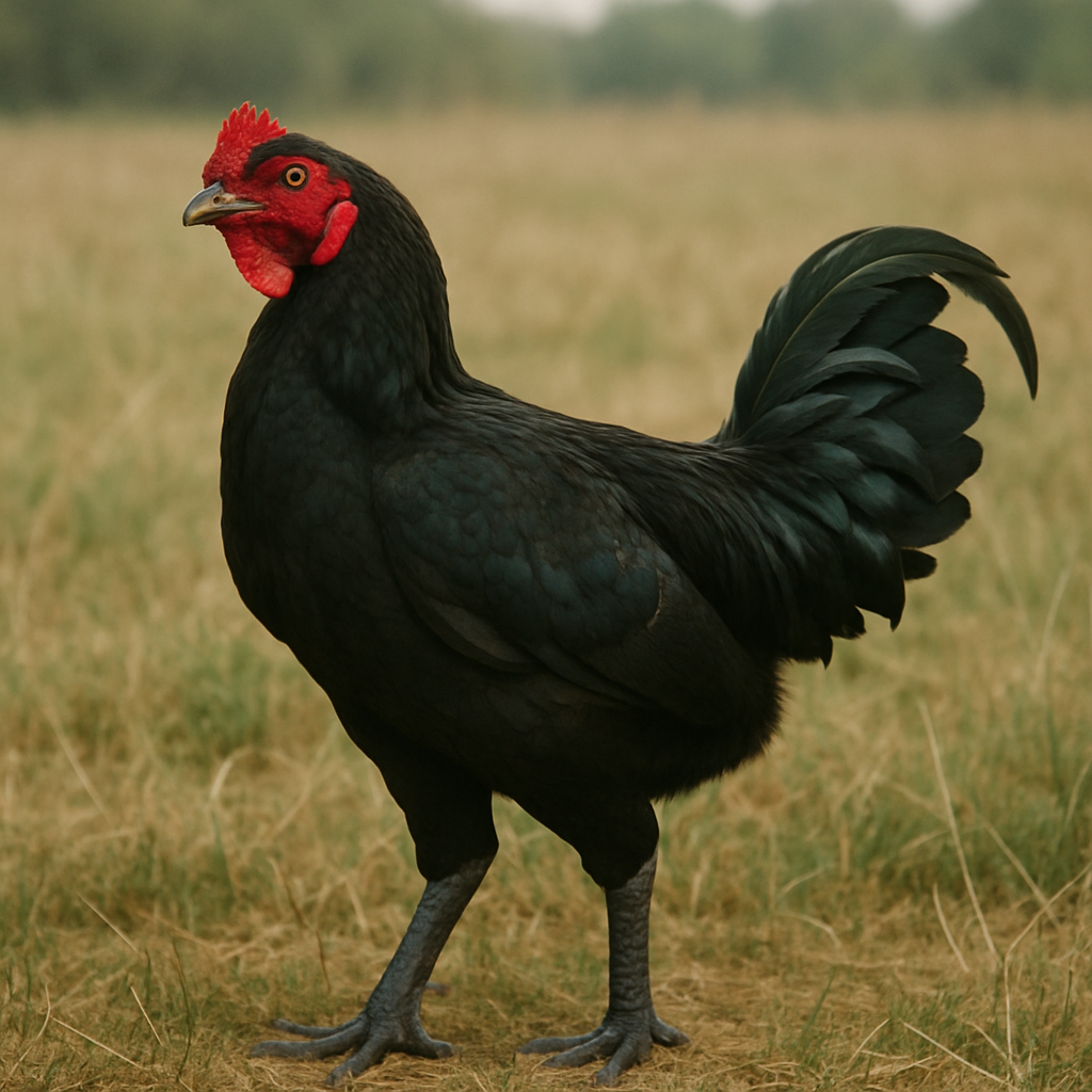 dark aseel game fowl in a field