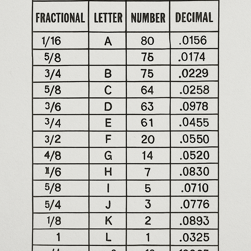 Drill size chart