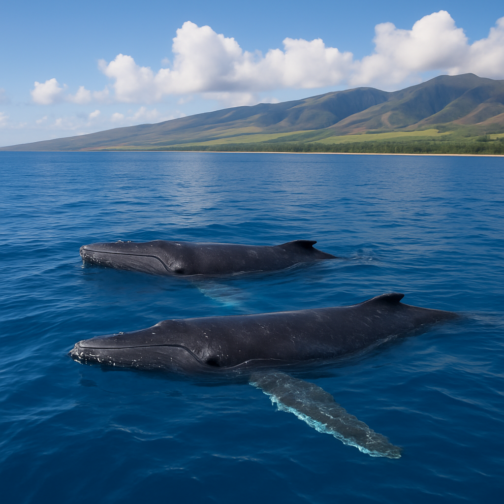 Humpback whales swimming near the Hawaiian coastline