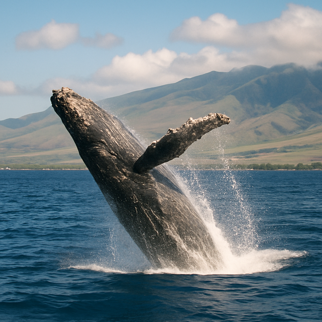 A humpback whale breaching in the waters of Maui