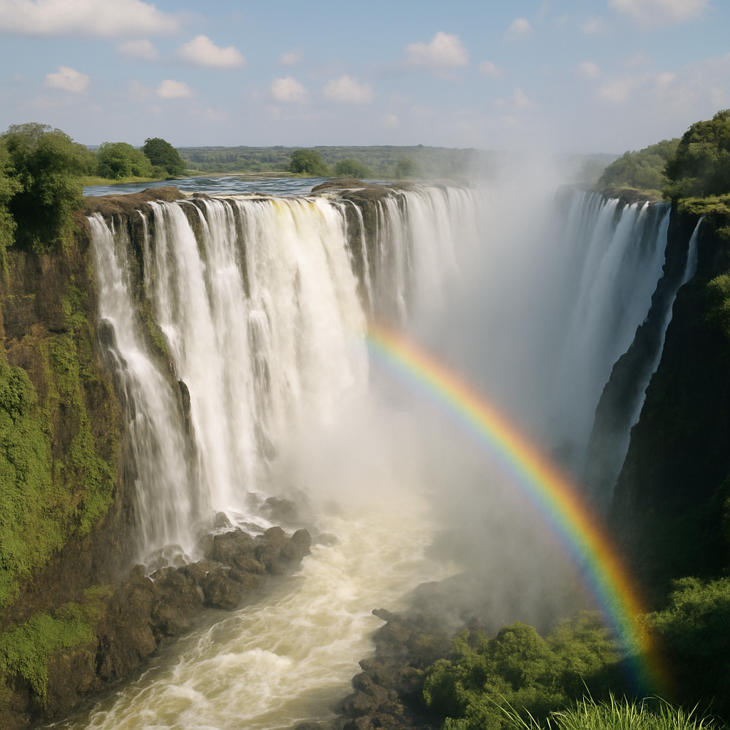 Victoria Falls with a rainbow in the mist