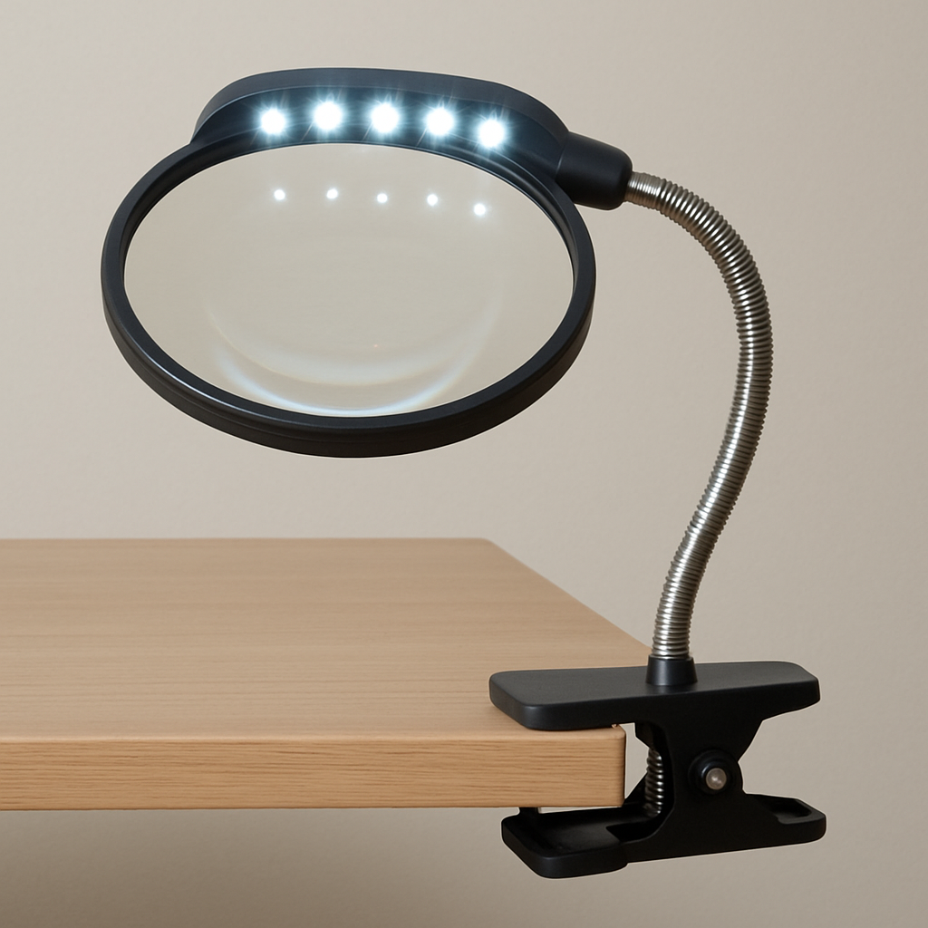 5 LED magnifier with clip attached to a desk