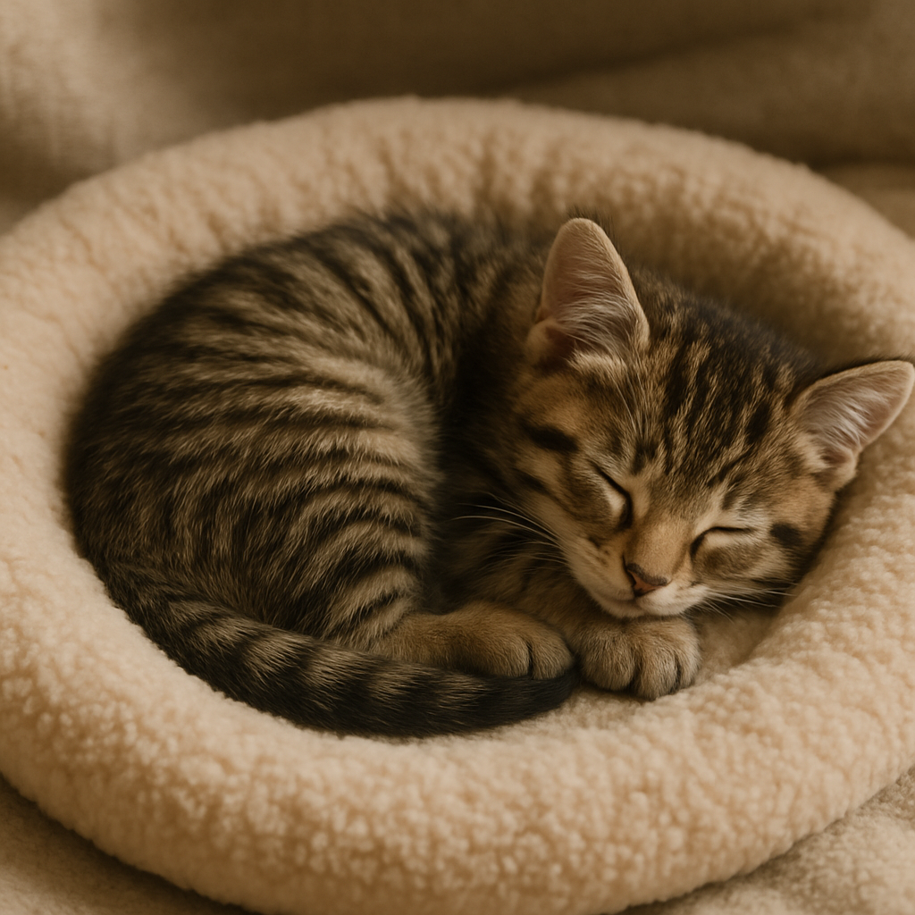 Kitten curled up in a cozy bed